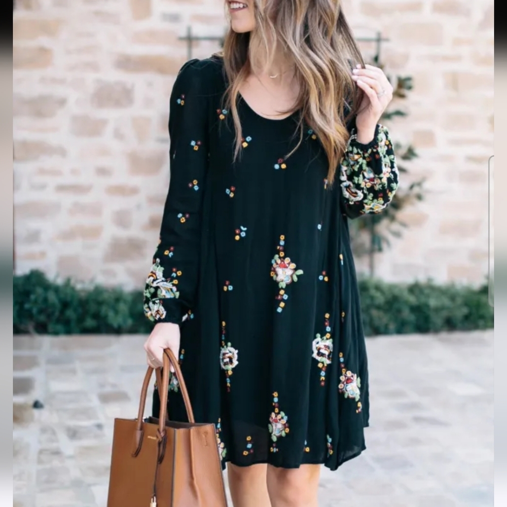 Free People Black Dress with Floral Embroidery